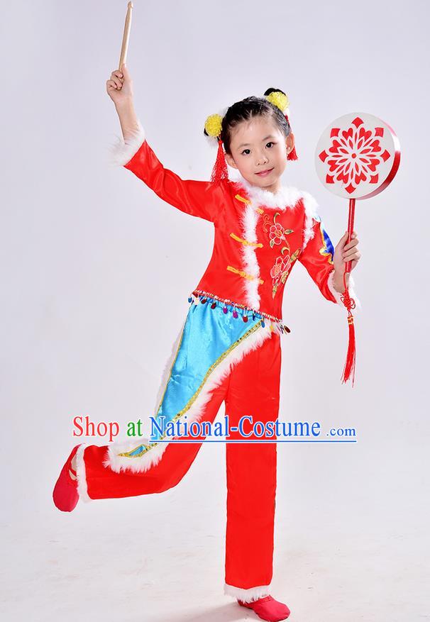 Traditional Chinese Classical Dance Yangge Fan Dance Costume, Children Folk Dance Drum Dance Uniform Yangko Red Dress Complete Set for Kids