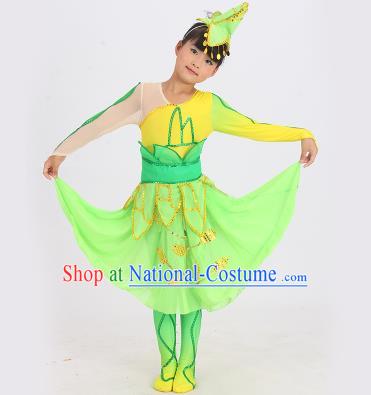 Traditional Chinese Classical Dance Yangge Fan Dance Costume, Children Lotus Dance Drum Dance Uniform Yangko Green Dress Complete Set for Kids