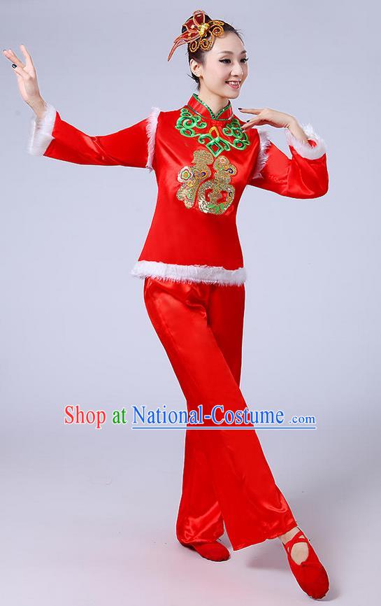 Traditional Chinese Classical Dance Yangge Fan Dancing Costume, Folk Dance Drum Dance Fur Uniforms Yangko Red Clothing for Women