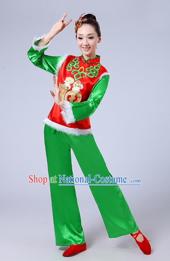 Traditional Chinese Classical Dance Yangge Fan Dancing Costume, Folk Dance Drum Dance Fur Uniforms Yangko Red Blouse and Green Pants for Women