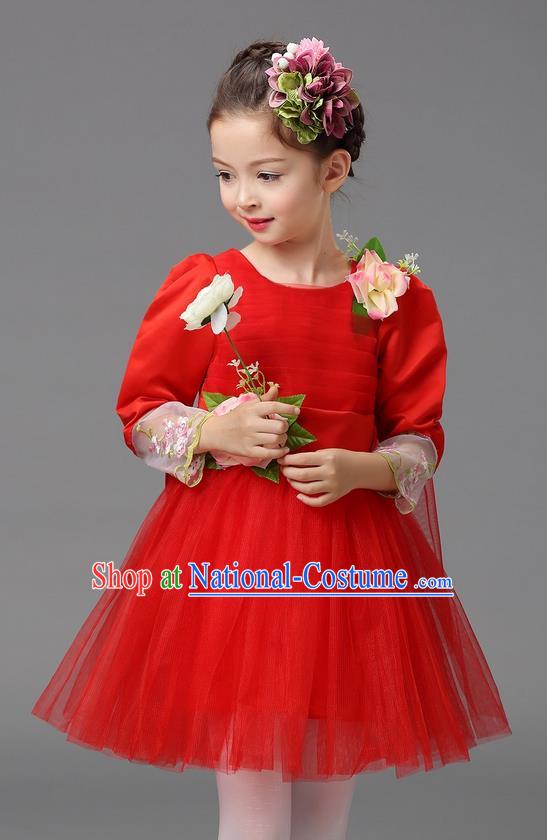 Top Grade Professional Performance Catwalks Costume, Children Chorus Compere Full Dress Modern Dance Little Princess Red Veil Bubble Dress for Girls Kids