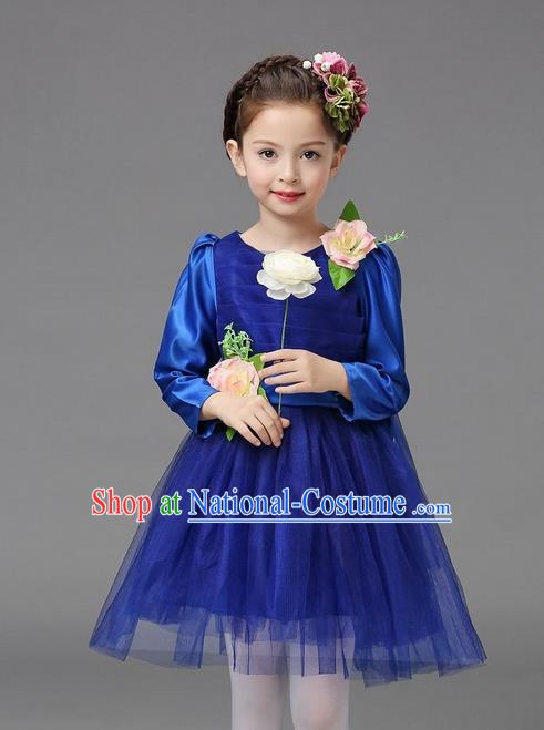 Top Grade Professional Performance Catwalks Costume, Children Chorus Compere Full Dress Modern Dance Little Princess Blue Veil Bubble Dress for Girls Kids