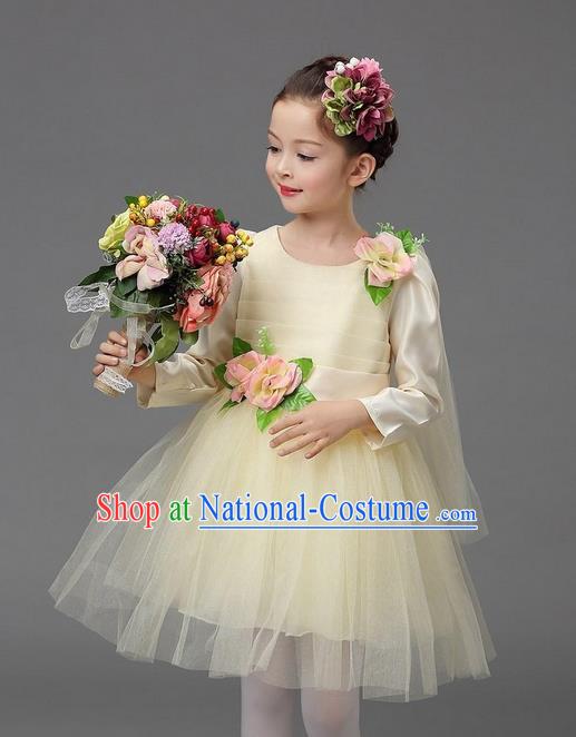 Top Grade Professional Performance Catwalks Costume, Children Chorus Compere Full Dress Modern Dance Little Princess Beige Veil Bubble Dress for Girls Kids