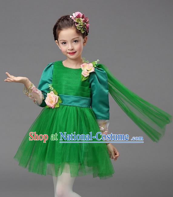 Top Grade Professional Performance Catwalks Costume, Children Chorus Compere Full Dress Modern Dance Little Princess Green Veil Bubble Dress for Girls Kids