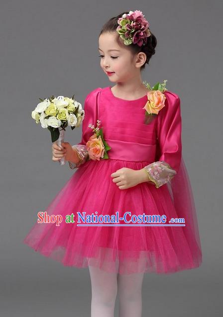 Top Grade Professional Performance Catwalks Costume, Children Chorus Compere Full Dress Modern Dance Little Princess Rose Veil Bubble Dress for Girls Kids