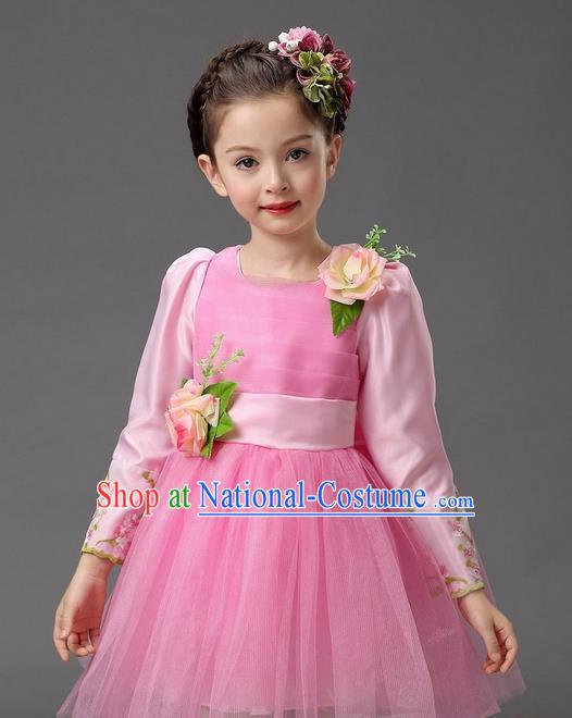 Top Grade Professional Performance Catwalks Costume, Children Chorus Compere Full Dress Modern Dance Little Princess Pink Veil Bubble Dress for Girls Kids