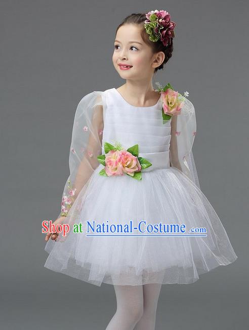 Top Grade Professional Performance Catwalks Costume, Children Chorus Compere Full Dress Modern Dance Little Princess White Veil Bubble Dress for Girls Kids