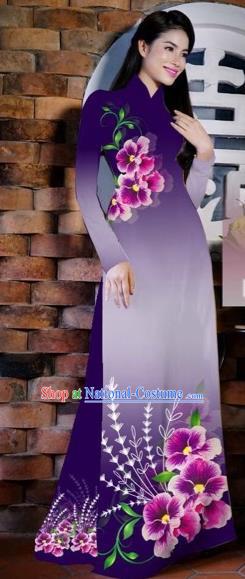 Traditional Top Grade Asian Vietnamese Costumes Classical Painting Flowers Purple Cheongsam, Vietnam National Vietnamese Young Lady Bride Wedding Ao Dai Dress