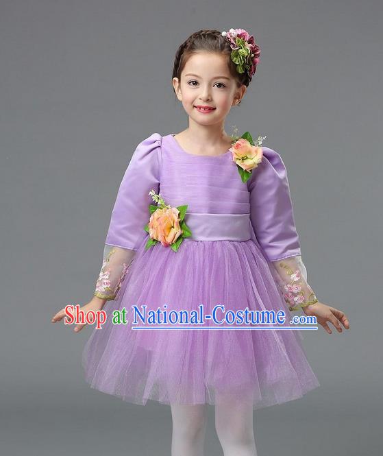 Top Grade Professional Performance Catwalks Costume, Children Chorus Compere Full Dress Modern Dance Little Princess Purple Veil Bubble Dress for Girls Kids