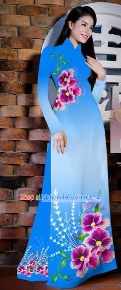 Traditional Top Grade Asian Vietnamese Costumes Classical Painting Flowers Blue Cheongsam, Vietnam National Vietnamese Young Lady Bride Wedding Ao Dai Dress