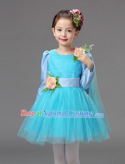 Top Grade Professional Performance Catwalks Costume, Children Chorus Compere Full Dress Modern Dance Little Princess Light Blue Veil Bubble Dress for Girls Kids