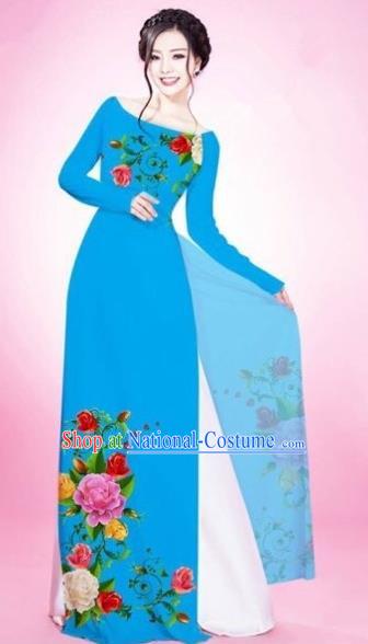 Traditional Top Grade Asian Vietnamese Costumes Classical Painting Flowers Blue Cheongsam, Vietnam National Vietnamese Young Lady Bride Wedding Round Collar Ao Dai Dress