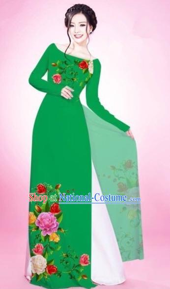 Traditional Top Grade Asian Vietnamese Costumes Classical Painting Flowers Green Cheongsam, Vietnam National Vietnamese Young Lady Bride Wedding Round Collar Ao Dai Dress