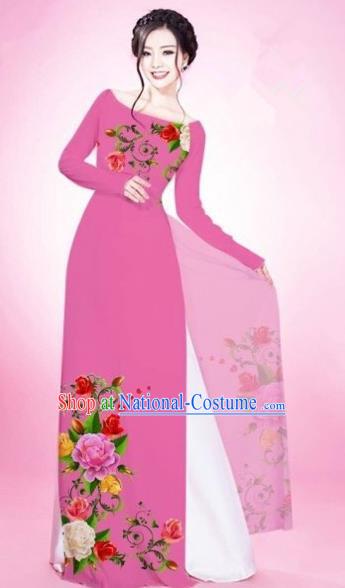 Traditional Top Grade Asian Vietnamese Costumes Classical Painting Flowers Pink Cheongsam, Vietnam National Vietnamese Young Lady Bride Wedding Round Collar Ao Dai Dress