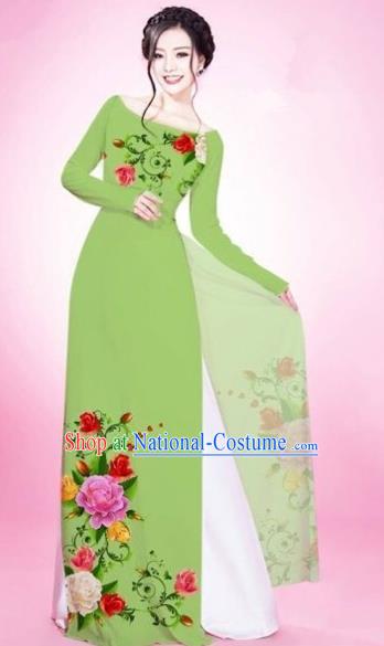 Traditional Top Grade Asian Vietnamese Costumes Classical Painting Flowers Grass Green Cheongsam, Vietnam National Vietnamese Young Lady Bride Wedding Round Collar Ao Dai Dress