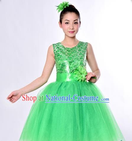 Top Grade Professional Performance Catwalks Costume, China Chorus Compere Modern Dance Dress Paillette Green Veil Bubble Dress for Women