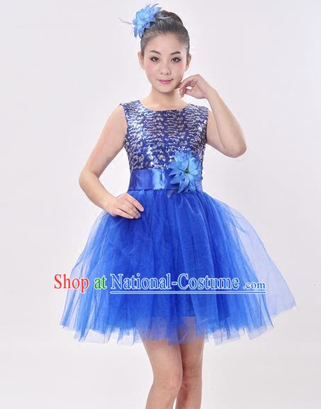 Top Grade Professional Performance Catwalks Costume, China Chorus Compere Modern Dance Dress Paillette Royalblue Veil Bubble Dress for Women