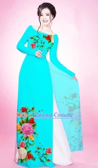 Traditional Top Grade Asian Vietnamese Costumes Classical Painting Flowers Blacklight Blue Cheongsam, Vietnam National Vietnamese Young Lady Bride Wedding Round Collar Ao Dai Dress