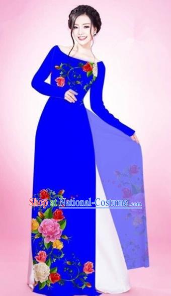 Traditional Top Grade Asian Vietnamese Costumes Classical Painting Flowers Royalblue Cheongsam, Vietnam National Vietnamese Young Lady Bride Wedding Round Collar Ao Dai Dress