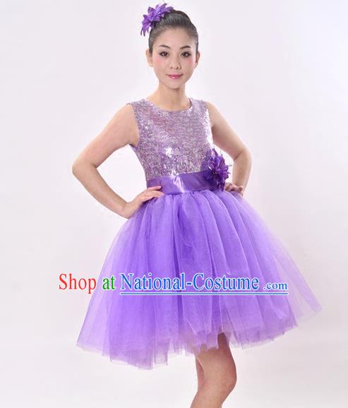 Top Grade Professional Performance Catwalks Costume, China Chorus Compere Modern Dance Dress Paillette Purple Veil Bubble Dress for Women