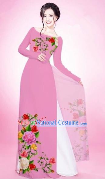 Traditional Top Grade Asian Vietnamese Costumes Classical Painting Flowers Light Pink Cheongsam, Vietnam National Vietnamese Young Lady Bride Wedding Round Collar Ao Dai Dress