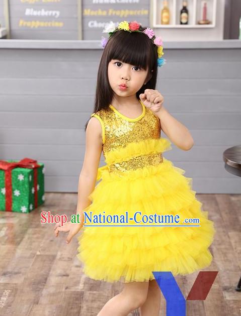 Top Grade Professional Performance Catwalks Costume, Children Chorus Full Dress Modern Dance Little Princess Yellow Paillette Bubble Dress for Girls Kids