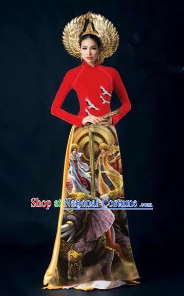 Traditional Top Grade Asian Vietnamese Costumes Classical Painting Cheongsam, Vietnam National Vietnamese Young Lady Bride Wedding Stand Collar Red Ao Dai Dress