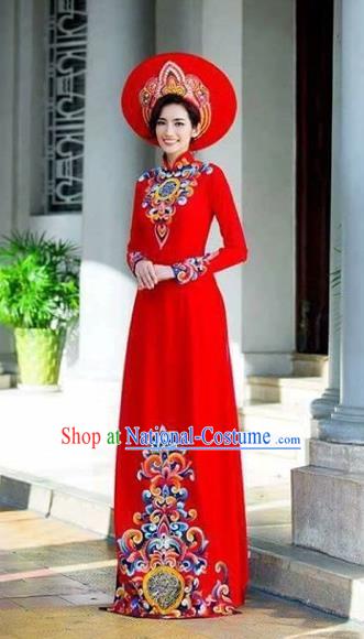 Traditional Top Grade Asian Vietnamese Costumes Classical Painting Wedding Cheongsam, Vietnam National Vietnamese Young Lady Bride Stand Collar Red Ao Dai Dress