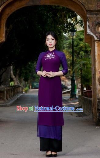 Traditional Top Grade Asian Vietnamese Costumes Classical Painting Wedding Cheongsam, Vietnam National Vietnamese Young Lady Bride Stand Collar Purple Ao Dai Dress