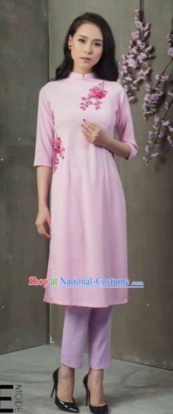 Traditional Top Grade Asian Vietnamese Costumes Classical Patch Embroidery Cheongsam, Vietnam National Vietnamese Young Lady Bride Stand Collar Pink Ao Dai Dress