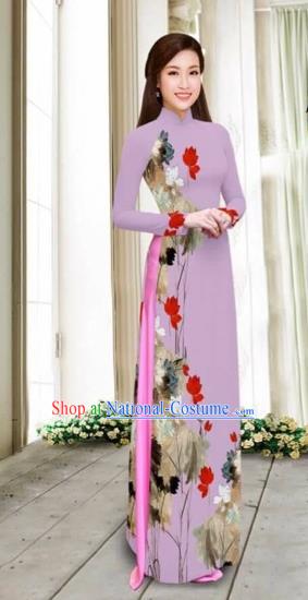 Traditional Top Grade Asian Vietnamese Costumes Classical Printing Cheongsam, Vietnam National Vietnamese Young Lady Violet Chiffon Ao Dai Dress