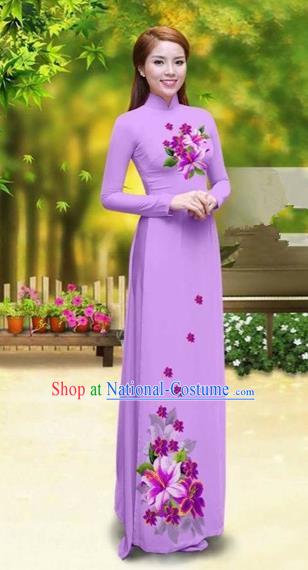 Traditional Top Grade Asian Vietnamese Costumes Classical Printing Greenish Lily Flower Cheongsam, Vietnam National Vietnamese Young Lady Light Purple Chiffon Ao Dai Dress