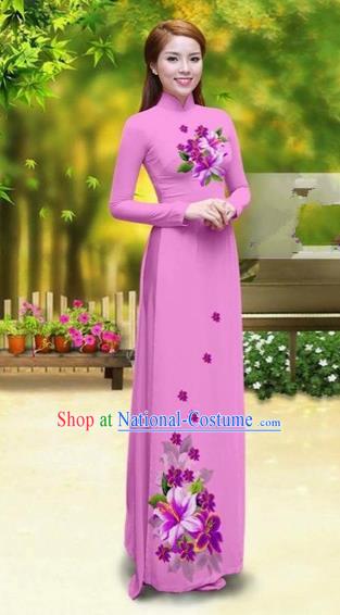 Traditional Top Grade Asian Vietnamese Costumes Classical Printing Greenish Lily Flower Cheongsam, Vietnam National Vietnamese Young Lady Pink Chiffon Ao Dai Dress