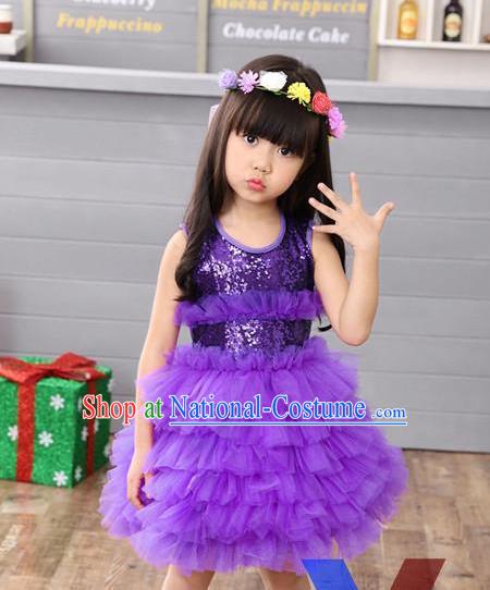 Top Grade Professional Performance Catwalks Costume, Children Chorus Full Dress Modern Dance Little Princess Purple Paillette Bubble Dress for Girls Kids