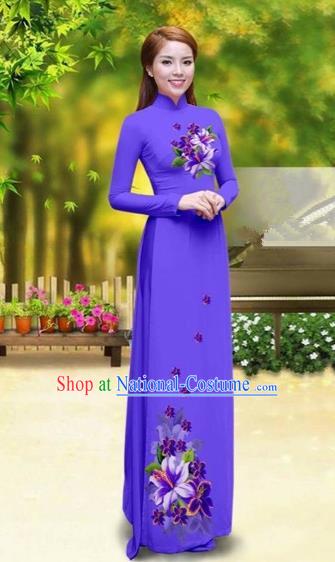 Traditional Top Grade Asian Vietnamese Costumes Classical Printing Greenish Lily Flower Cheongsam, Vietnam National Vietnamese Young Lady Pinkish Purple Chiffon Ao Dai Dress