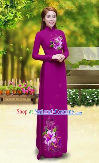 Traditional Top Grade Asian Vietnamese Costumes Classical Printing Greenish Lily Flower Cheongsam, Vietnam National Vietnamese Young Lady Amaranth Chiffon Ao Dai Dress