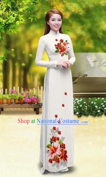 Traditional Top Grade Asian Vietnamese Costumes Classical Printing Greenish Lily Flower Cheongsam, Vietnam National Vietnamese Young Lady White Chiffon Ao Dai Dress