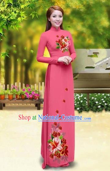 Traditional Top Grade Asian Vietnamese Costumes Classical Printing Greenish Lily Flower Cheongsam, Vietnam National Vietnamese Young Lady Watermelon Red Chiffon Ao Dai Dress