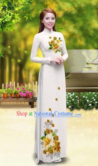 Traditional Top Grade Asian Vietnamese Costumes Classical Printing Greenish Lily Flower Cheongsam, Vietnam National Vietnamese Young Lady White Chiffon Ao Dai Dress