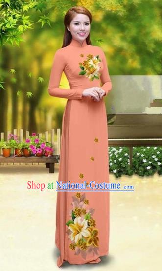 Traditional Top Grade Asian Vietnamese Costumes Classical Printing Greenish Lily Flower Cheongsam, Vietnam National Vietnamese Young Lady Orange Chiffon Ao Dai Dress