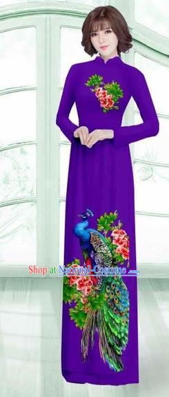 Traditional Top Grade Asian Vietnamese Costumes Classical Printing Peacock Cheongsam, Vietnam National Vietnamese Young Lady Purple Ao Dai Dress