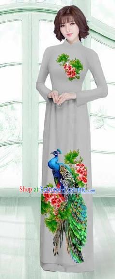 Traditional Top Grade Asian Vietnamese Costumes Classical Printing Peacock Cheongsam, Vietnam National Vietnamese Young Lady Grey Ao Dai Dress