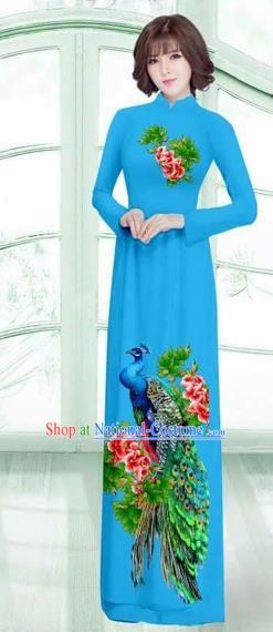 Traditional Top Grade Asian Vietnamese Costumes Classical Printing Peacock Cheongsam, Vietnam National Vietnamese Young Lady Blue Ao Dai Dress