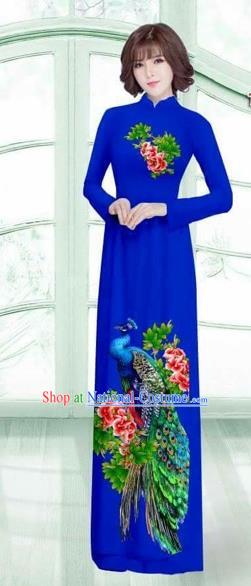 Traditional Top Grade Asian Vietnamese Costumes Classical Printing Peacock Cheongsam, Vietnam National Vietnamese Young Lady Royalblue Ao Dai Dress