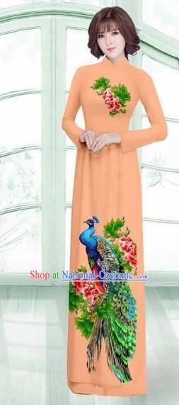 Traditional Top Grade Asian Vietnamese Costumes Classical Printing Peacock Cheongsam, Vietnam National Vietnamese Young Lady Orange Ao Dai Dress