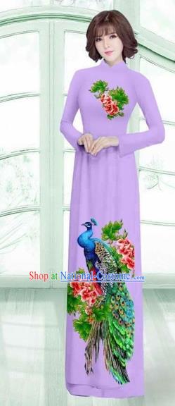 Traditional Top Grade Asian Vietnamese Costumes Classical Printing Peacock Cheongsam, Vietnam National Vietnamese Young Lady Lilac Ao Dai Dress