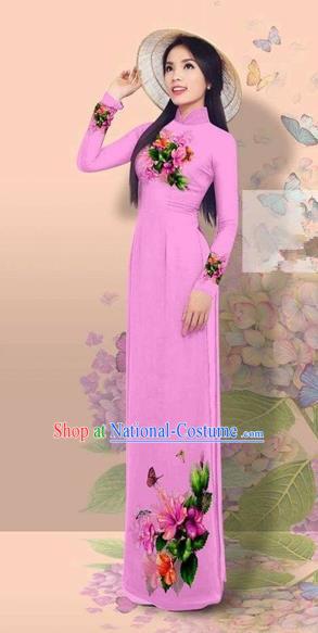 Traditional Top Grade Asian Vietnamese Costumes Classical 3D Printing Cheongsam, Vietnam National Vietnamese Young Lady Miss Etiquette Pinkish Purple Ao Dai Dress