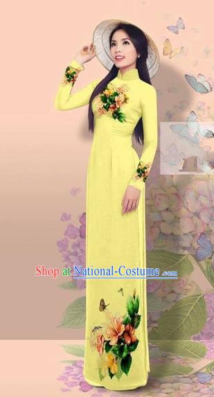 Traditional Top Grade Asian Vietnamese Costumes Classical 3D Printing Cheongsam, Vietnam National Vietnamese Young Lady Miss Etiquette Yellow Ao Dai Dress