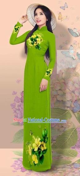 Traditional Top Grade Asian Vietnamese Costumes Classical 3D Printing Cheongsam, Vietnam National Vietnamese Young Lady Miss Etiquette Green Ao Dai Dress