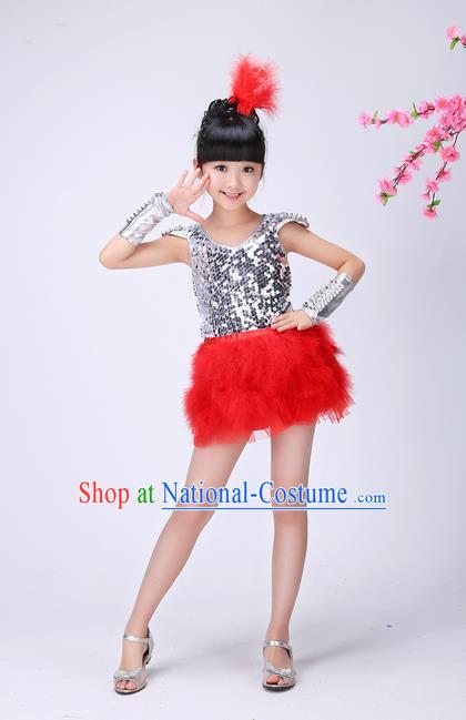 Top Grade Professional Performance Catwalks Costume, Children Chorus Compere Modern Dance Uniform Red Paillette Short Dress for Girls